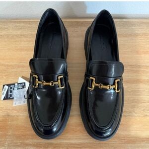 NWT Massimo Dutti Black Leather Lug Sole Loafers Moccasins Gold Hardware Size 9